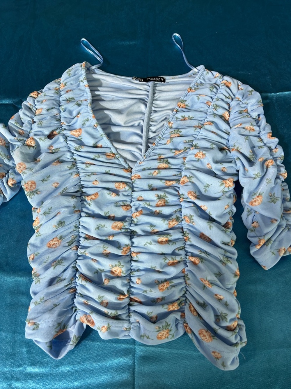 Zara Sky Blue Floral Ruched V-Neck Blouse
